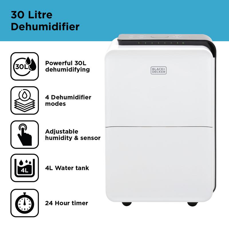 BLACK DECKER 30 Litre Dehumidifier with 24 Hour Timer